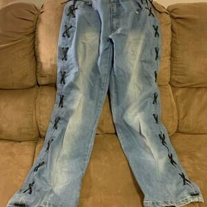 Vintage Elee straight-leg denim jeans with full-length corset lace-up sides